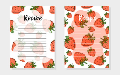 Recipes with strawberries in doodle style for summer decoration of cafes and restaurants. Vector illustration in Hand Draw style.