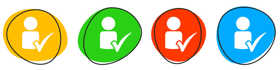 4 bunte Icons: Person mit Häkchen - Button Banner