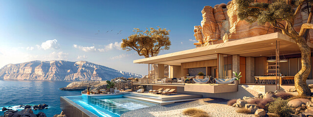 Modern Villa Architecture, Luxury Living with Pool and Panoramic View, High-End Design