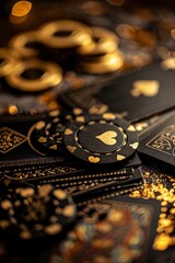 background of black and gold casino chips and cards. generative ai