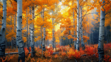 Eastern Cottonwood forest in autumn, with vibrant hues of orange and yellow adorning the leaves, creating a stunning display of seasonal beauty amidst the tranquil woodland setting. - obrazy, fototapety, plakaty