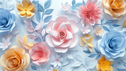 3d paper cut spring floral background with colorful flowers and leaves