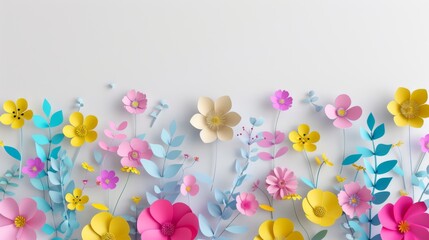 3d paper cut spring floral background with colorful flowers and leaves