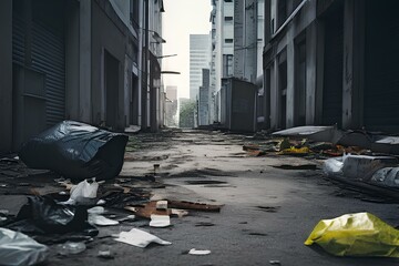 Garbage bag abandoned in middle of empty city street , littering concept image background with copy space.