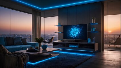 Fototapeta na wymiar Smart tv in modern living room interior design with blue neon lights, 3d render. Generative ai.