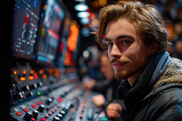 A stage manager watches from the sidelines, orchestrating the flow of the interview and coordinating the timing of commercial breaks and transitions