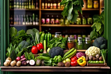 Organic vegetables and fruits shop window front view only selling Bio products concept image.