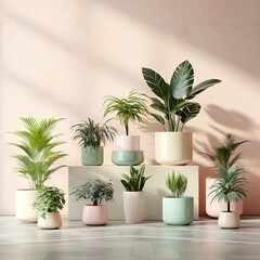 Fototapeta premium Indoor Jungle: Cozy Potted Houseplants on Marble