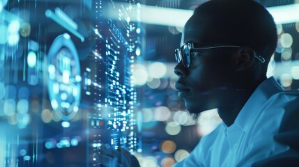 An overtheshoulder shot of an African American man in glasses using his computer, surrounded by holographic screens displaying data and futuristic technology interface designs.