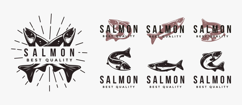 Set of Vintage Salmon fish logo icon vector template on white background