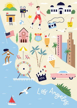Los Angeles, California city map with famous symbols, landmarks, places. Hand drawn vector design, poster
