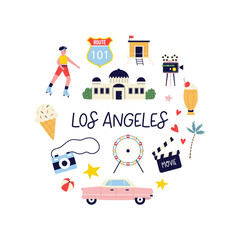 Colorful circle design with symbols, animals landmarks of Los Angeles, USA. Can be used for posters, travel guides, wall arts