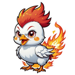 white chick cartoon mascot with fire