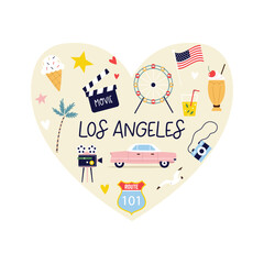 Colorful design with symbols, animals landmarks of Los Angeles, USA. Can be used for posters, travel guides, wall arts