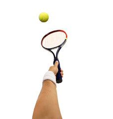 Close-up of hand holding a tennis racket hitting a ball isolated on white background - obrazy, fototapety, plakaty