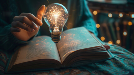 Woman reading a book with a glowing lightbulb in her hands