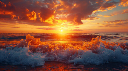 The ocean is full of waves and the sun is setting
