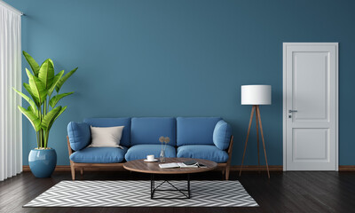 Blue sofa in blue living room with copy space for mockup, 3D rendering