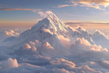 Snow peaks tower above the clouds. - obrazy, fototapety, plakaty