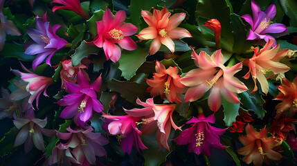 Easter Cactus plant adorned with a profusion of colorful blossoms, ranging from delicate pink to rich magenta, set against a backdrop of lush green foliage, 