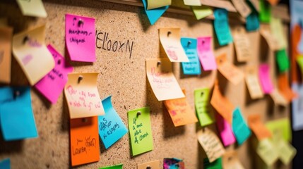 Colorful sticky notes stuck over a cork board background.AI generated image - obrazy, fototapety, plakaty