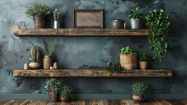A shelf with a variety of potted plants and a picture frame. The shelf is made of wood and has a rustic feel. The plants are arranged in different sizes and heights, creating a sense of depth