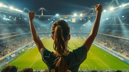 Fototapeta na wymiar female fans celebrating victory in football stadium.