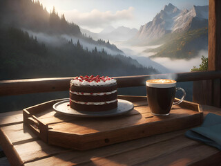 A slice of cake in a wooden tray with coffee at a mountain cafe in the morning with a misty view - obrazy, fototapety, plakaty