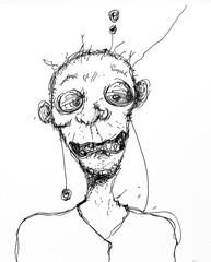 A simple bad messy line drawing of the head and shoulders of an ugly man with many pins stuck in his face, smiling, ai generated. This sketch conveys simplicity and emotional facial expressions.