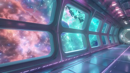 Pastel Hued Interstellar Observation Deck with Panoramic Views of a Captivating Nebula
