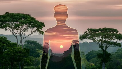 a silhouette of a human profile, seamlessly blended with a breathtaking panorama of lush green trees and a tranquil sky - obrazy, fototapety, plakaty