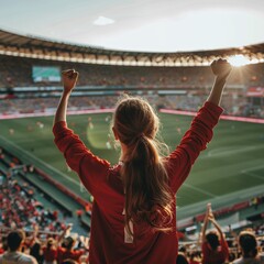 Fototapeta na wymiar female fans celebrating victory in football stadium.