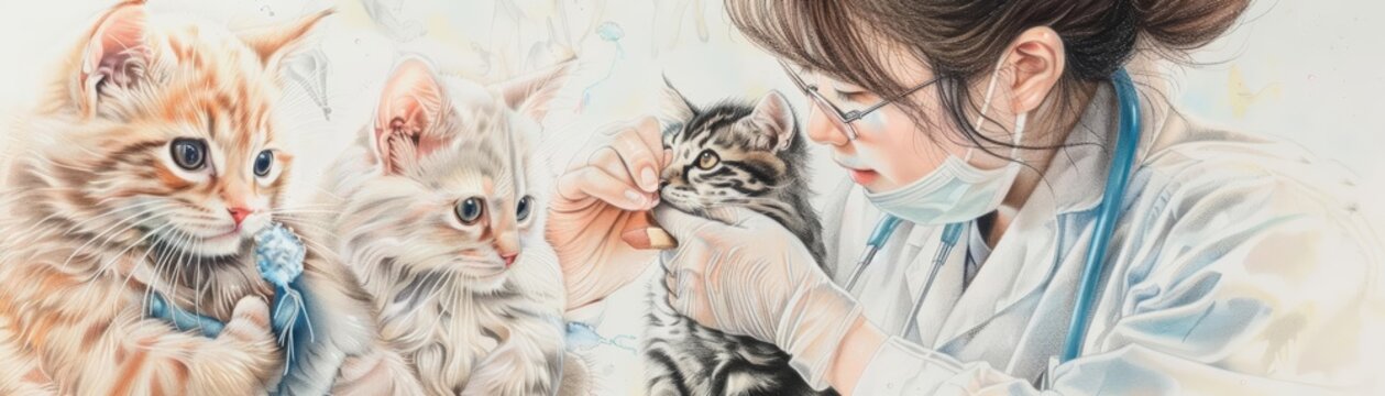 In a world of colored pencil drawings, a gentle veterinarian tends to a variety of adorable, exaggeratedly fluffy animals