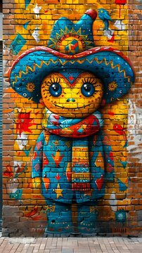 A colorful mural of a mexican hat and sombrero.
