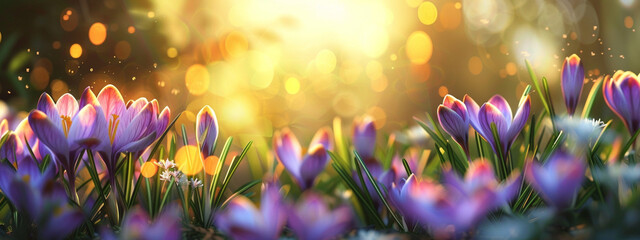 Dazzling spring show: vibrant crocus flowers in the magic of sunlit bokeh.