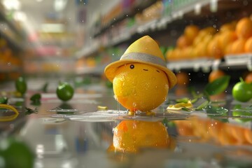 A lemon in a tiny detective hat scrutinizes clues around a mysterious puddle in the fruit aisle, adding intrigue to this citrusy cartoon concept - obrazy, fototapety, plakaty