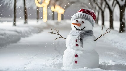 snowman standing proudly in a serene snowy landscape. The snowman's vibrant red hat and gray scarf contrast beautifully with its carrot nose, twiggy arms, and button eyes - obrazy, fototapety, plakaty