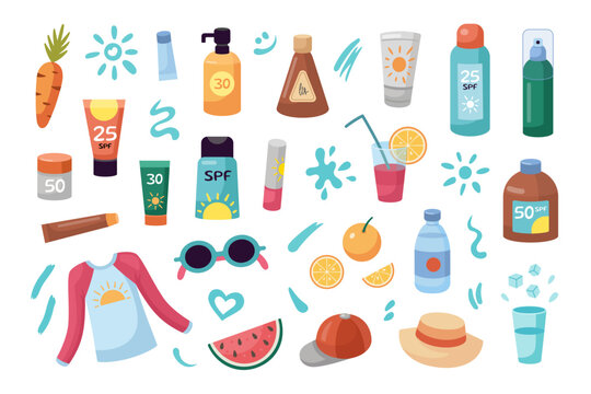 Sun protection tips set. Sunscreen bottles, jars. Strokes of sunscreen cream strokes. Beach holidays concept. Flat design, cartoon SPF cosmetic products collection.
