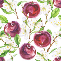 Plum tree seamless pattern watercolour illustration 