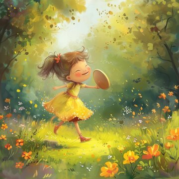 A tambourine dances in the hands of a jubilant child, jingling merrily as she skips along a flowery path in spring a joyful music cartoon concept