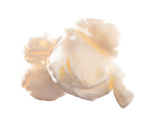 Corn, single and popcorn snack in studio for nutrition or carbs, diet and food isolated on white background. Air popped, grain and texture or detail of kernel for healthy calorie or digestive system.