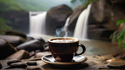 Fototapeta na wymiar cup of coffee on the rocks waterfall in the mountains