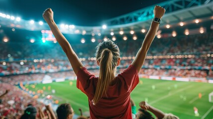 Fototapeta na wymiar back view of female fan celebrating goal in football stadium.