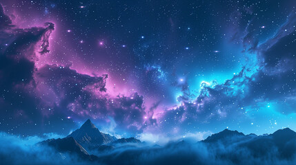 A beautiful night sky with a mountain in the background. The sky is filled with stars and clouds, creating a serene and peaceful atmosphere
