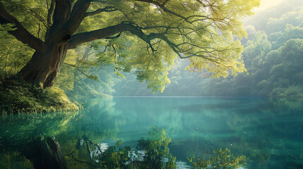 tranquil lake surrounded by lush vegetation, with a majestic Dawn Redwood tree reflected in the...