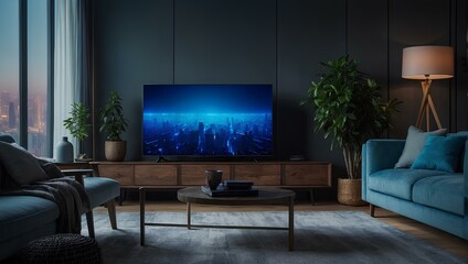 Smart tv in modern living room interior design with blue neon lights, 3d render. Generative ai.