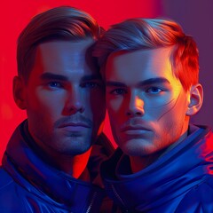 Pop art style close-up portraying a father and son, 