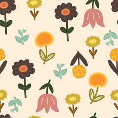 Cute Hand Drawn Floral Seamless Vector Patterns. Colorful Flowers, Leaves Isolated on a light Background. Infantile Style Florals Print ideal for Fabric, Textile.