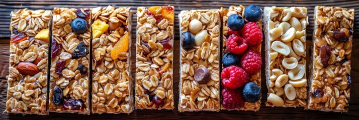 Assorted chewy granola bars displaying various flavors and ingredients in a close up row