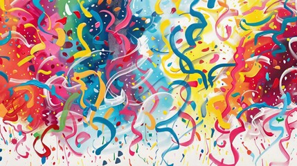Party streamers and confetti cascade down in a lively display, illustrated using a vibrant ink drawing technique Let the festivities begin draw concept